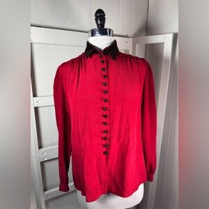 Vtg Valentino Bright Red 100% Raw Silk Brown Velvet Collar & Buttons Size 6 MINT